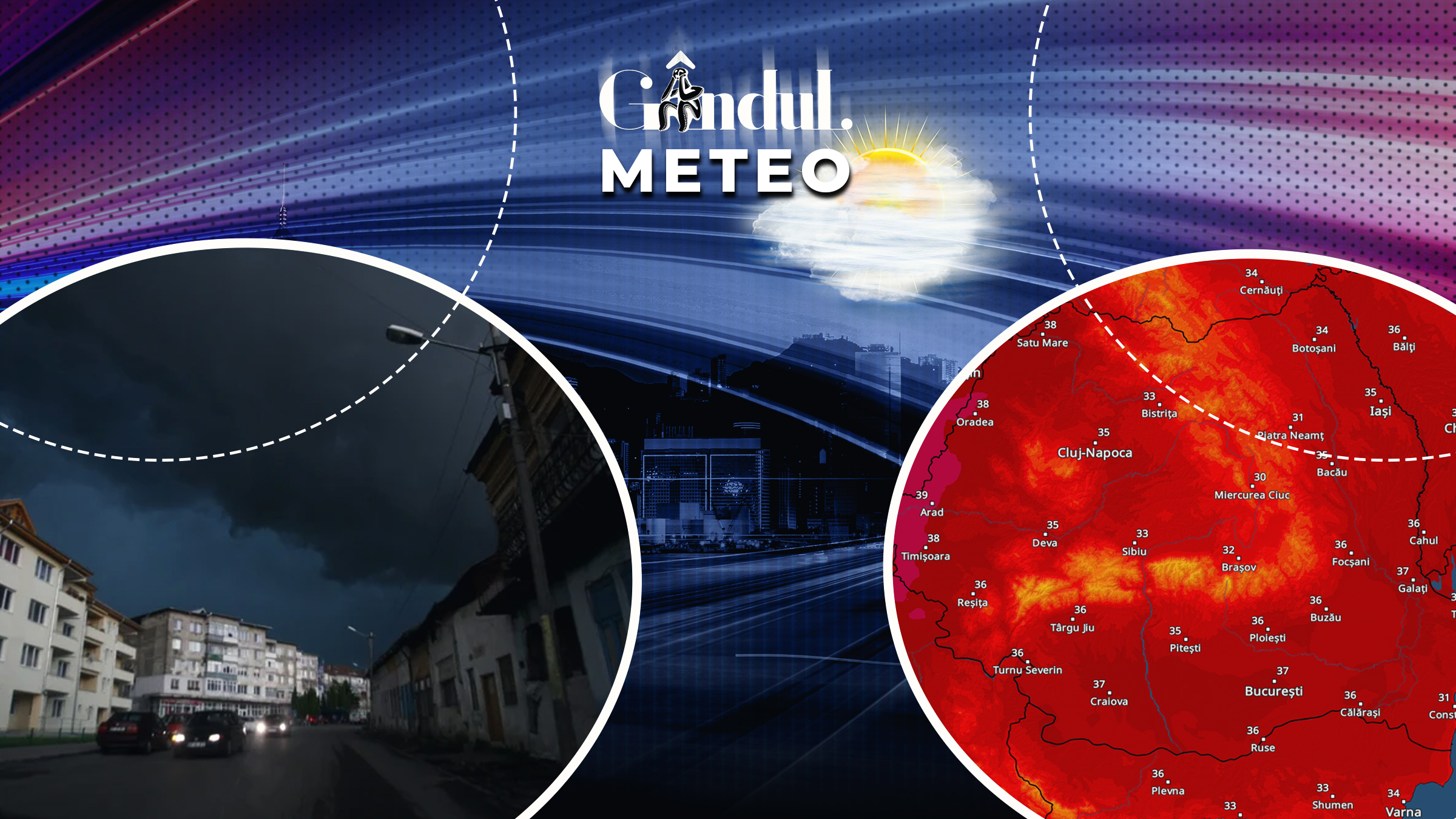 Hartă meteo cu zonele afectate de caniculă și instabilitate atmosferică în România.