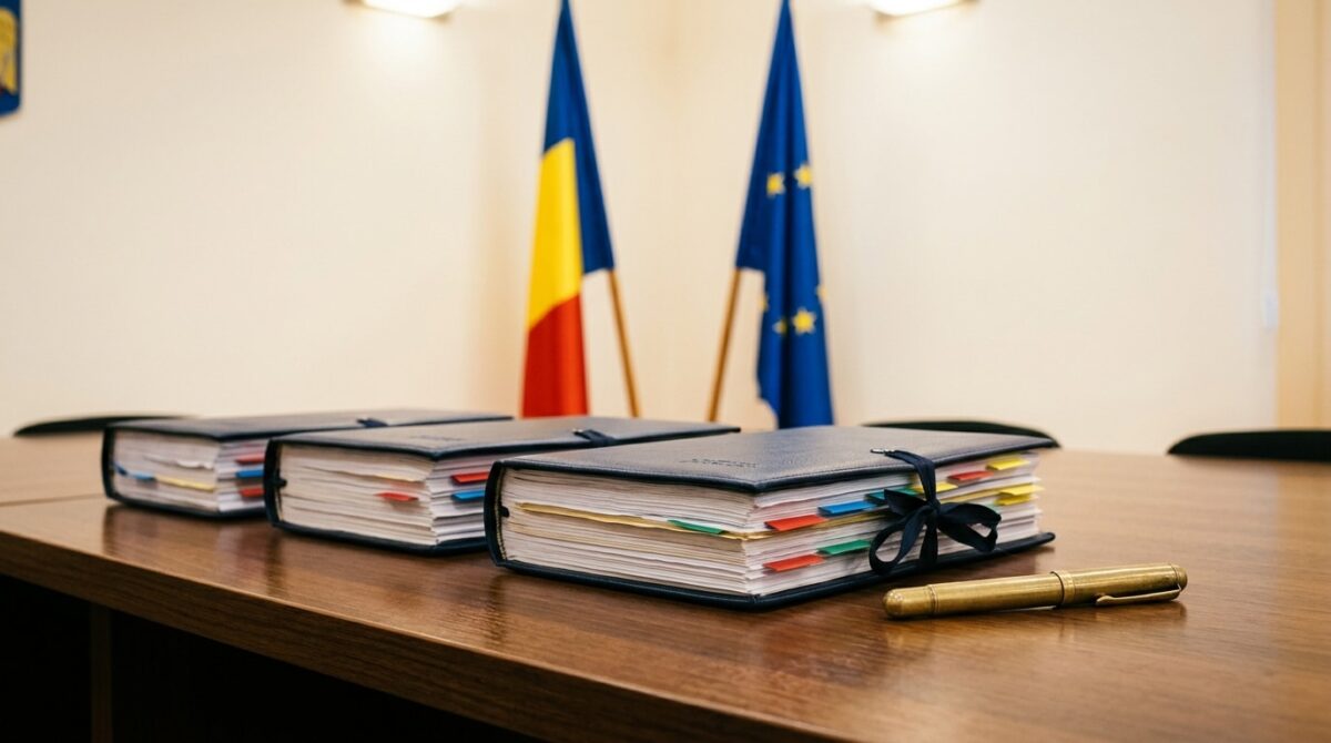 Cetățeni europeni privind spre steagul Uniunii Europene.