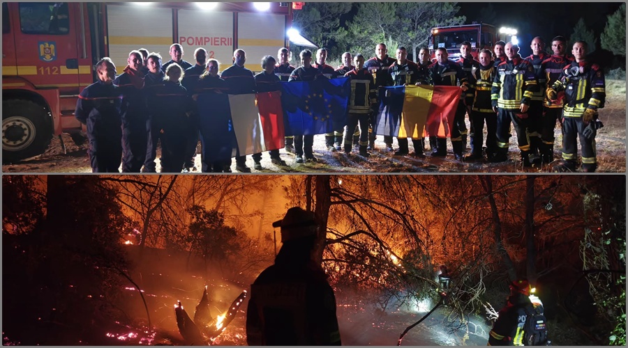Pompieri români intervenind la un incendiu de pădure în Franța